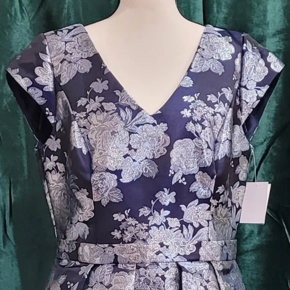 David's Bridal Navy and Silver Floral Fit-and-Flare Dress - Picture 3 of 7